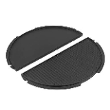 Black circular plate with a central hole, designed for use in a barbecue setting.