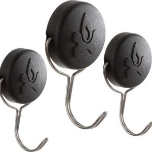 Three hooks displaying a black and white logo, arranged neatly for a clean and organized appearance.